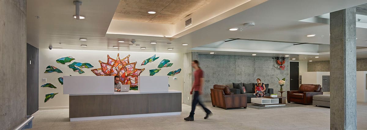 Modern, professional workplace design in the Westlake lobby; high-end communal work area.